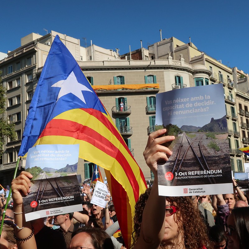 Una persona amb una estelada i fulls informatius del referèndum de l’1 d’Octubre