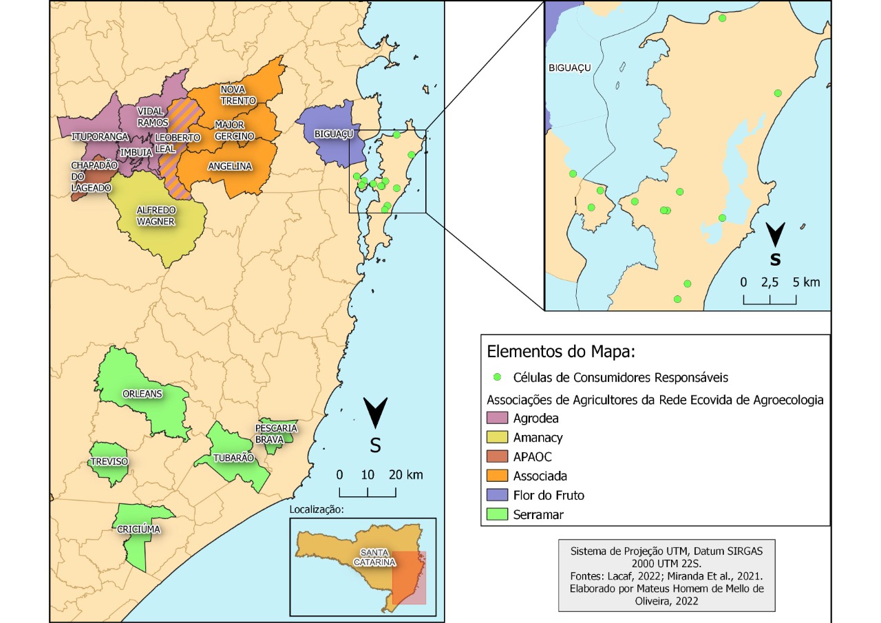 Mapa com a localização das Células de Consumidores Responsáveis e das associações de agricultores da Rede Ecovida de Agroecologia