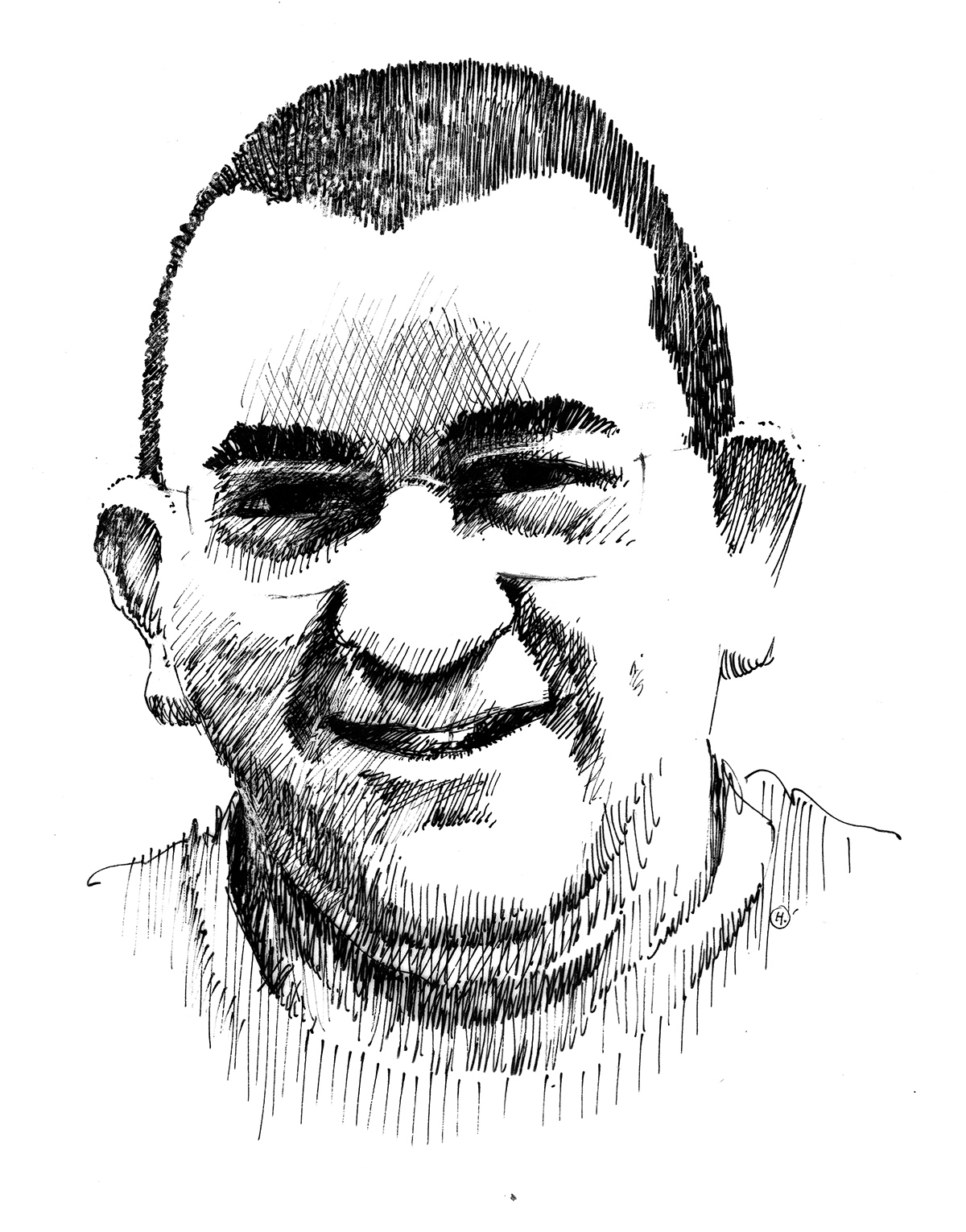 Retrat dibuixat a tinta d’un home somrient