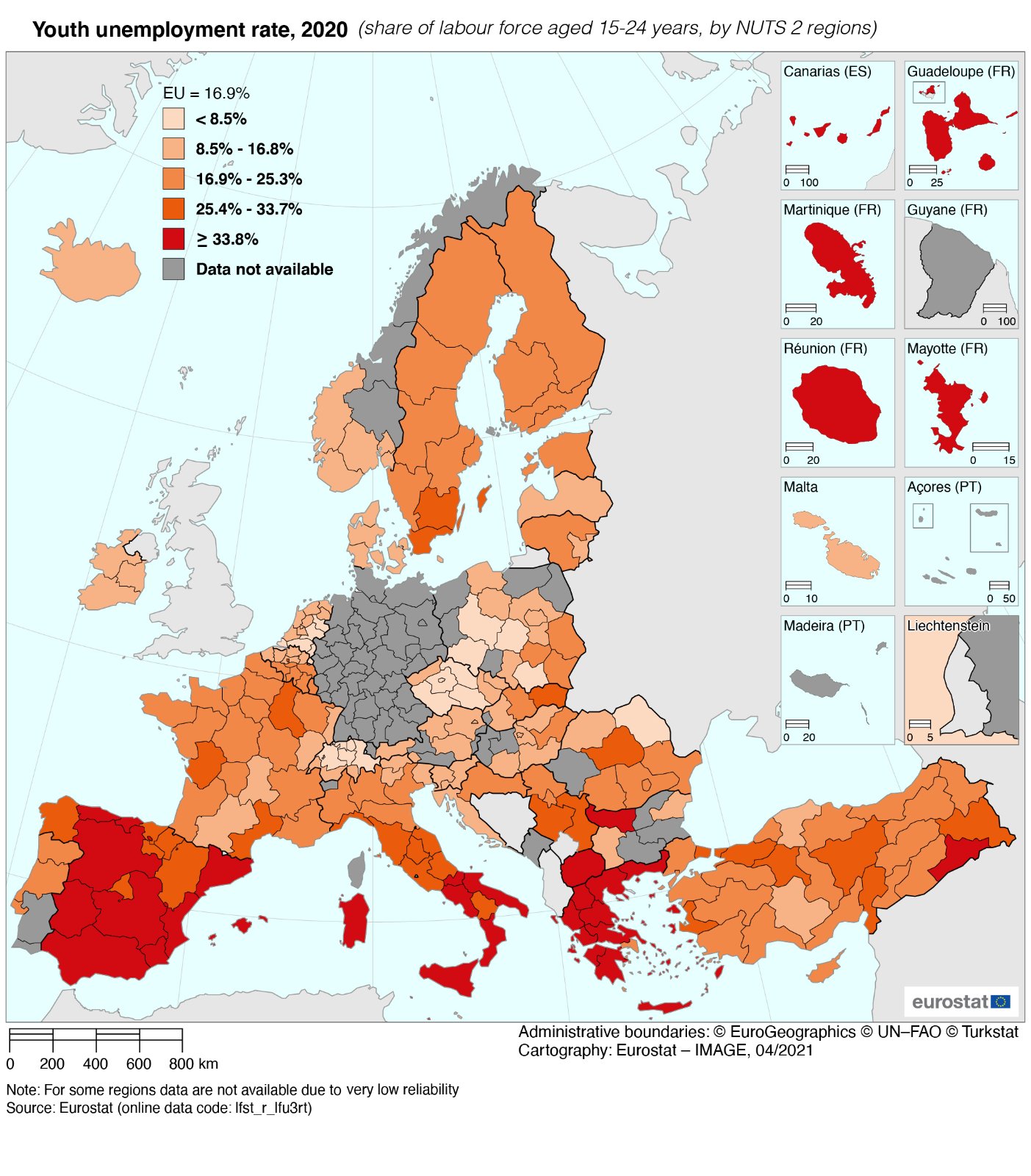 Mapa da Europa com a taxa de desemprego juvenil em 2020 (população ativa de 15 a 24 anos, por regiões NUTS 2)